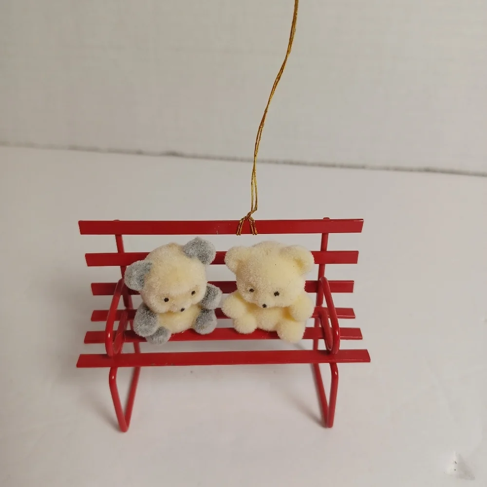 Vintage Flocked Bears on Red Bench‎ Christmas Ornament 3